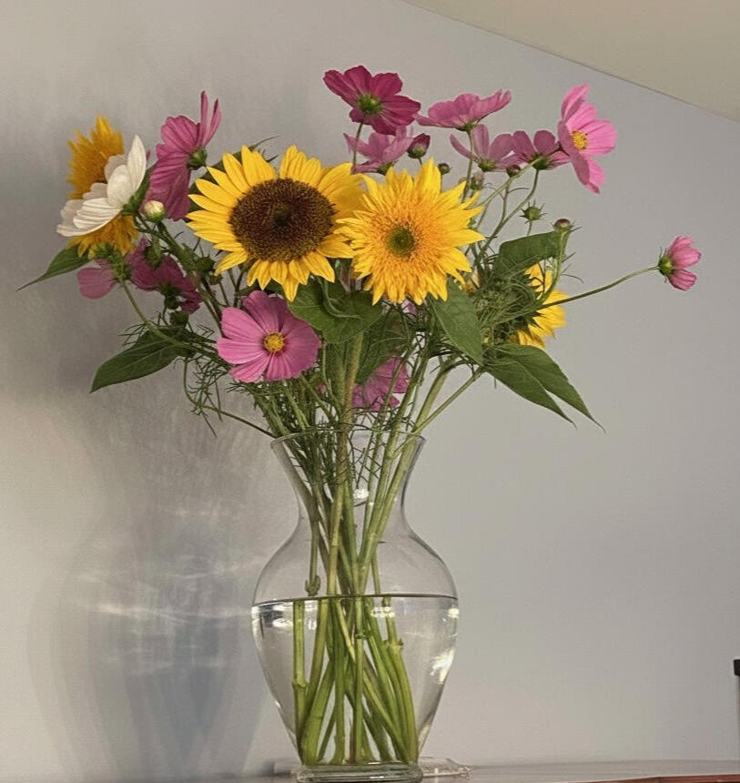 A large glass vase with sunflowers and cosmos.